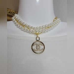 Vintage Faux Pearl Necklace, CC Zipper Pull